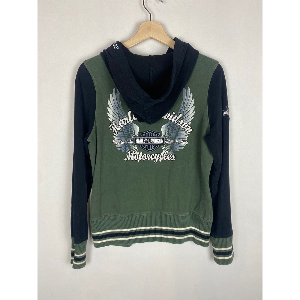 Harley Davidson Womens Green Black Embroidered Winged Logo Zip Up Hoodie Size M - Picture 2 of 7